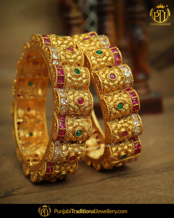Antique Gold Finished Rubby Johda bangles Openable Bangles (Pair) | Punjabi Traditional Jewellery Exclusive